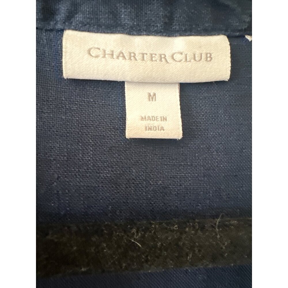 Charter Club Linen Top Size M Navy Blue White Embroidered Coastal Preppy Chic - Picture 5 of 6